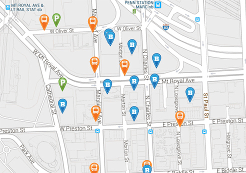 Map showing University of Baltimore Campus buildings and landmarks