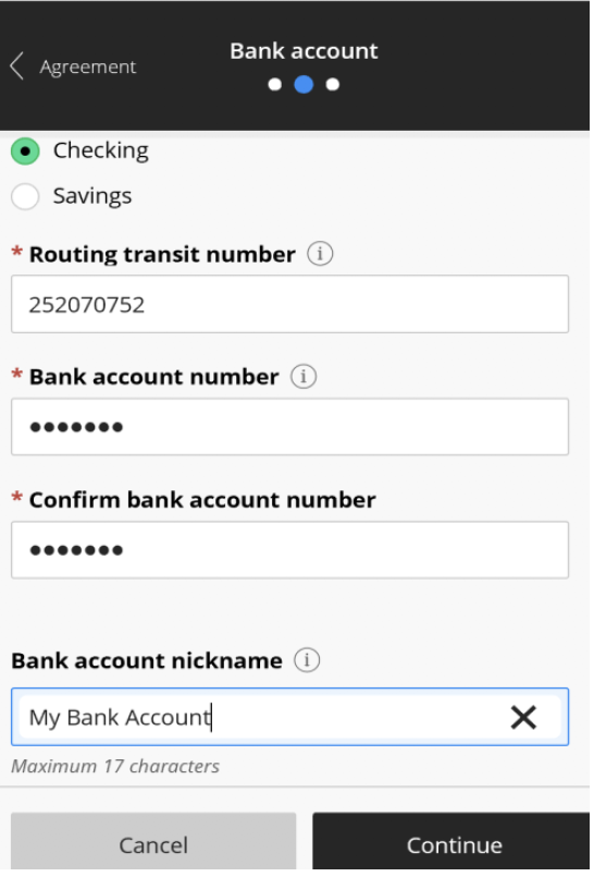 Enter your bank account information and then click continue to proceed