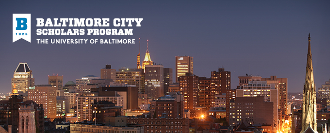 University of Baltimore City Scholars Program Title over night skyline of Baltimore