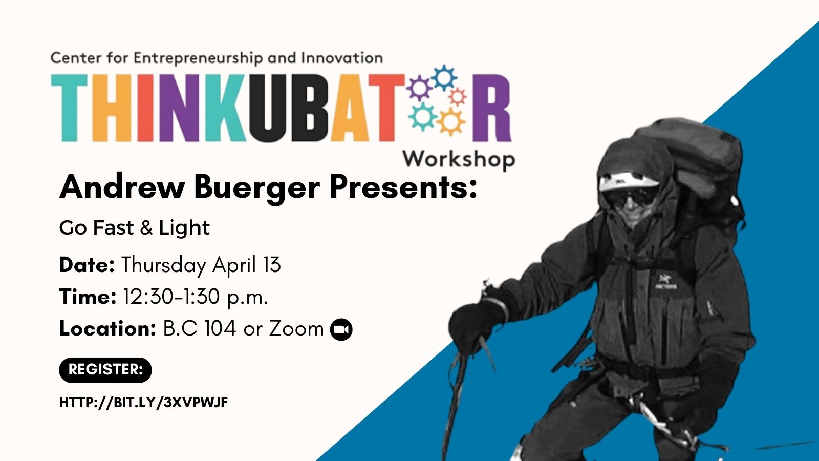 Graphic of Spring 2023 thinkubator workshop hosted by Andrew Buerger