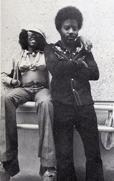 two students pose at the 1975 block party