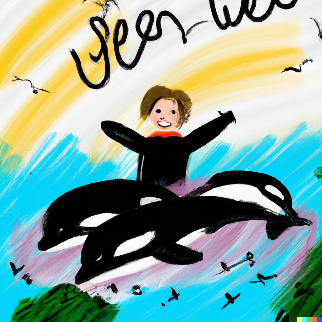 drawing of long-haired boy, arms raised, with orcas