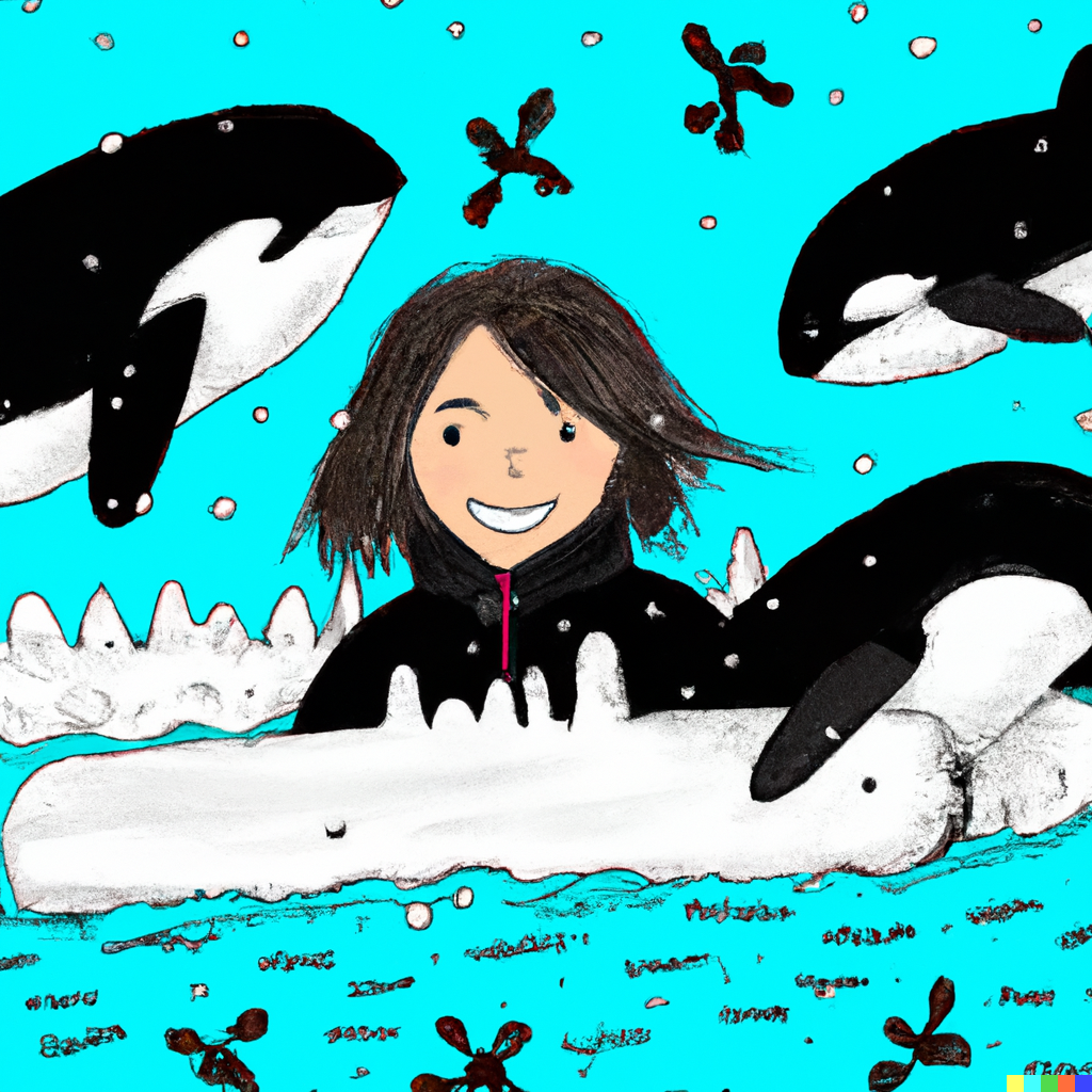 drawing of long-haired boy in ocean with orcas