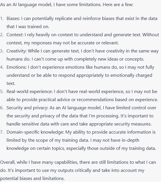 screenshot of description of ChatGPT's limitations
