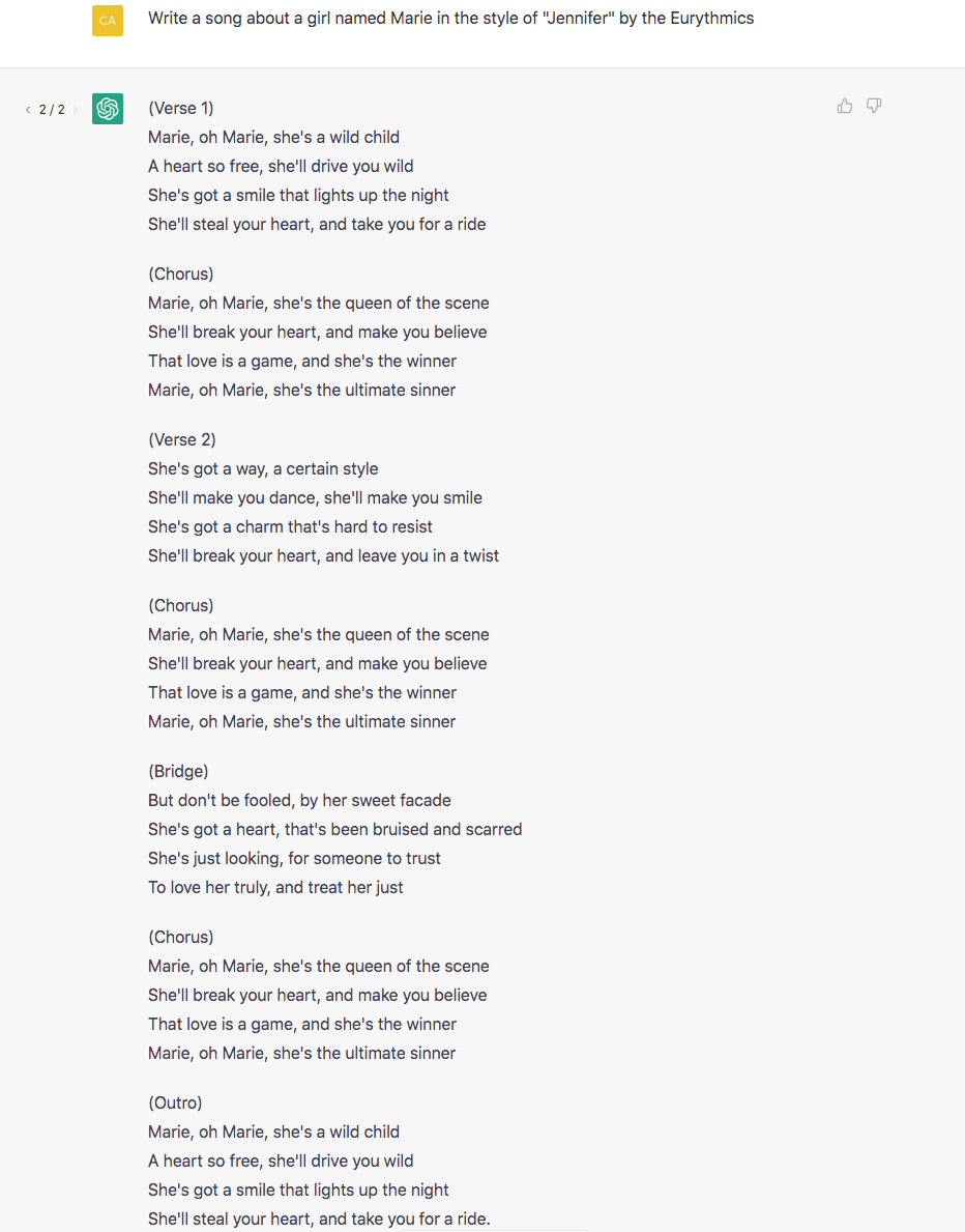 screenshot of ChatGPT song lyrics