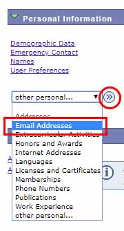 displays the Personal Information drop down menu with email addresses selected