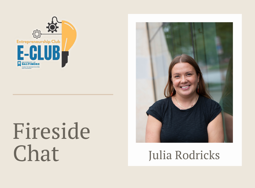 E-Club logo, Julia Rodricks headshot, Fireside Chat, beige background