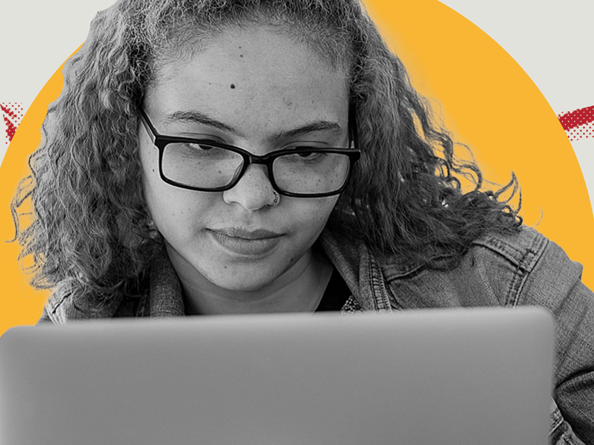 Photo graphic of a young woman with a laptop