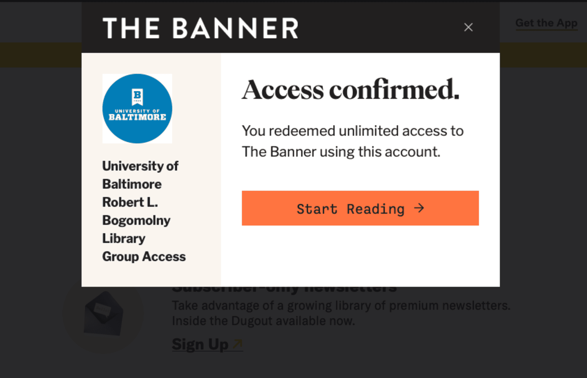 Screenshot of Baltimore Banner registration confirmation