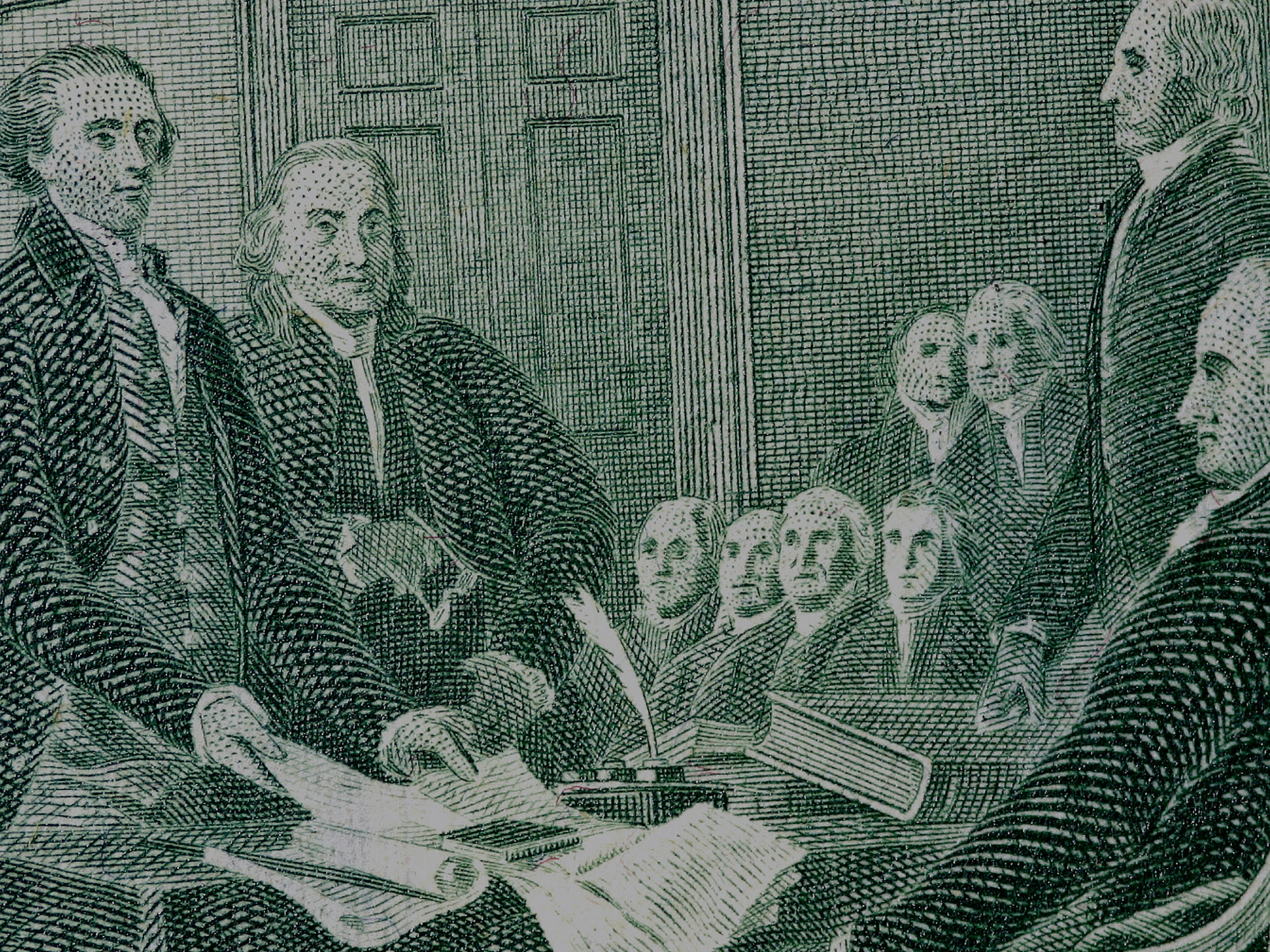 Drawing of nation's founders signing the Declaration of Independence