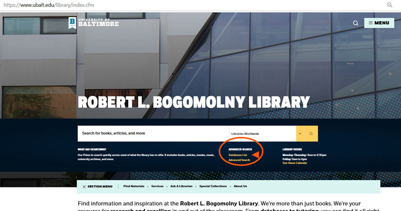 RLB Homepage with Database Link Circled