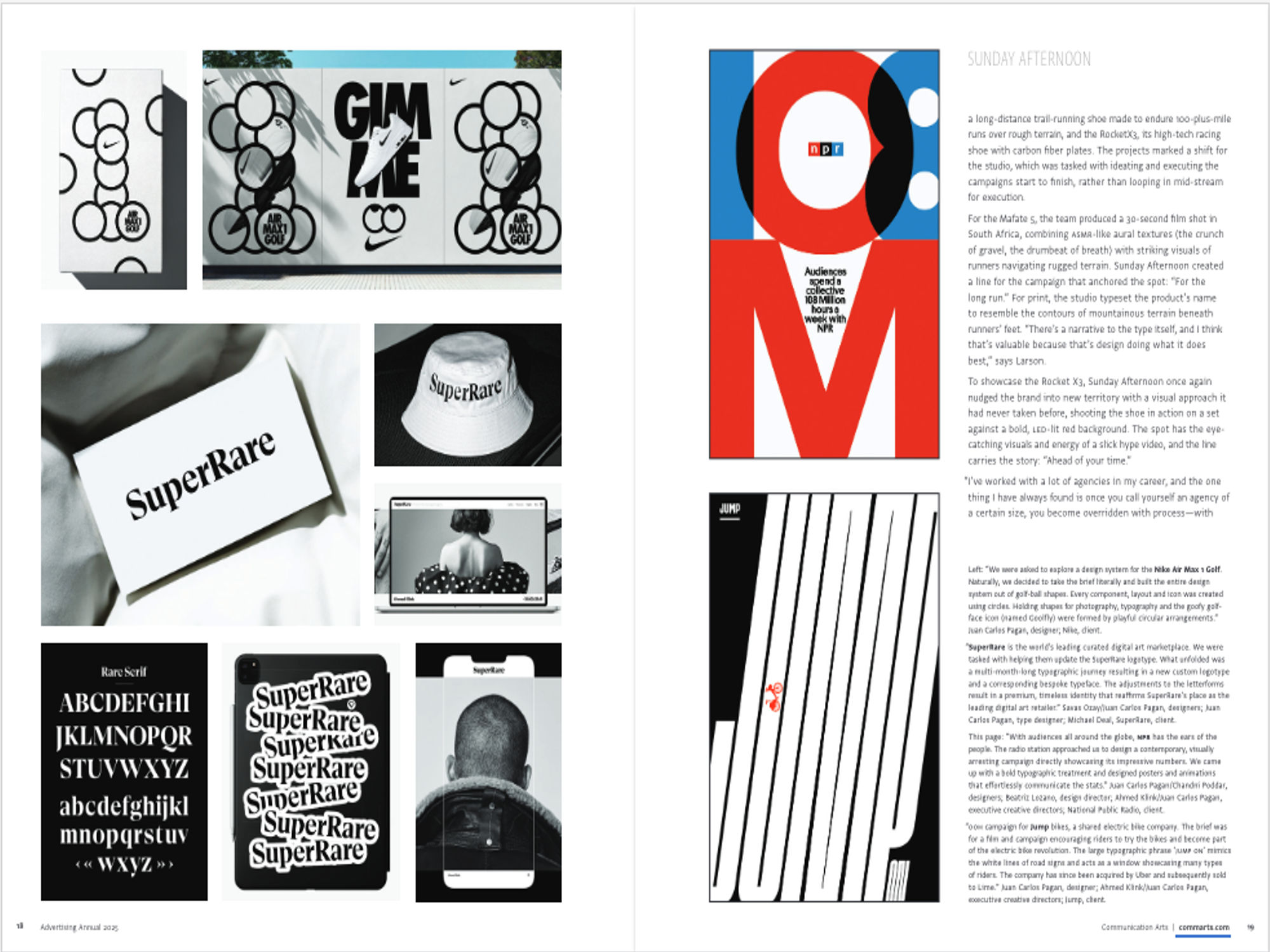 Image of text and black and white and color design graphics for SuperRare, Nike, NPR, and Jump companies. Communication Arts, 2025