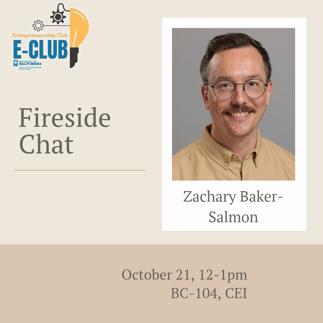 E-Club logo, Zachary Baker-Salmon headshot