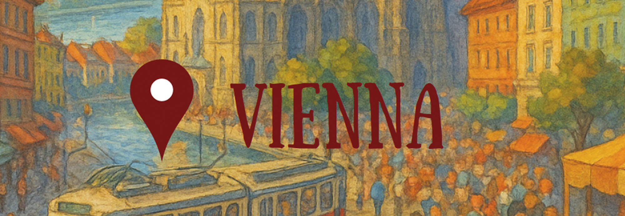 A graphic with Vienna and a background featuring a city scape in a painting style