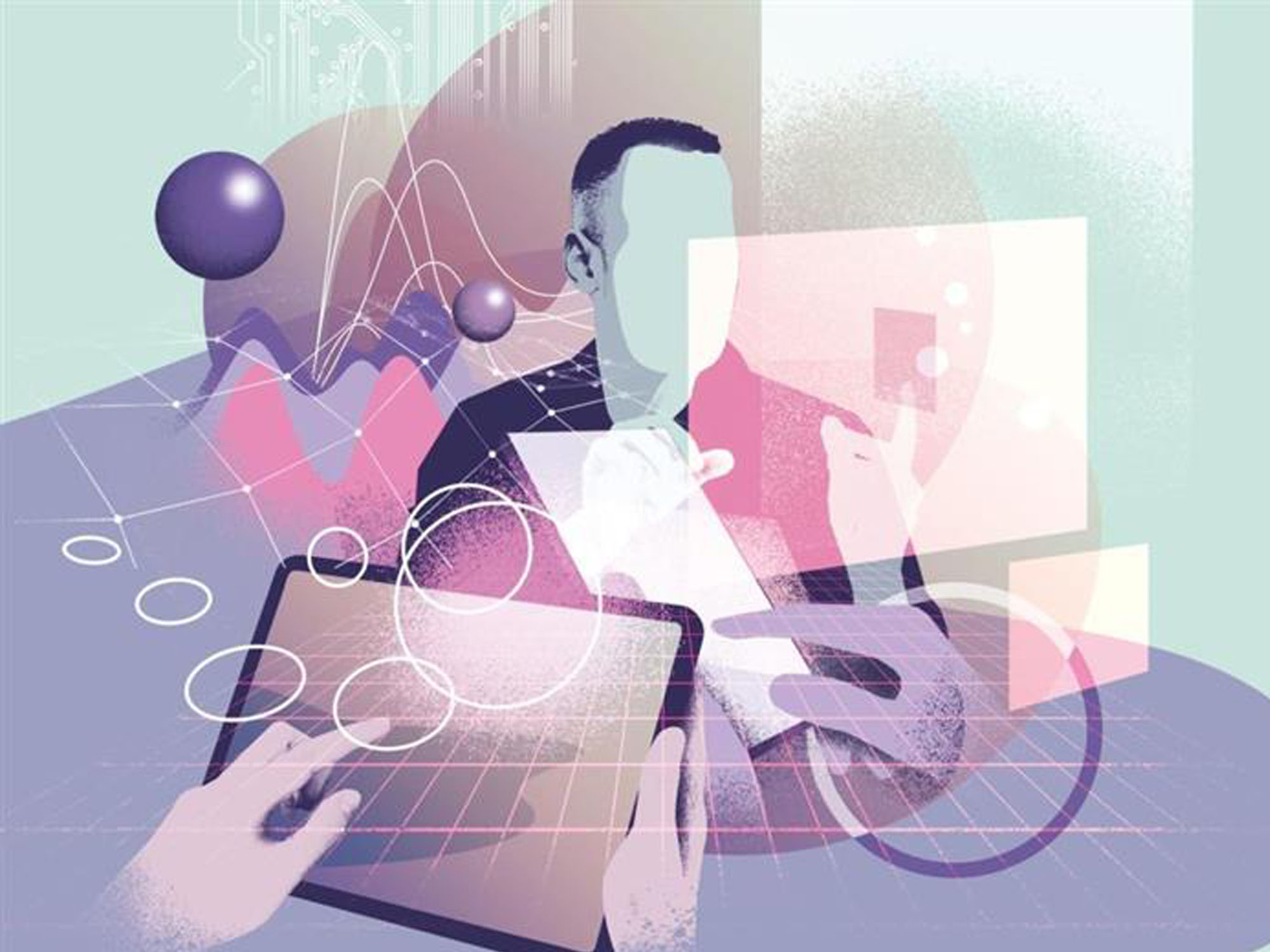 An illustrated graphic in pastel colors shows a person surrounded by screens and graphs.