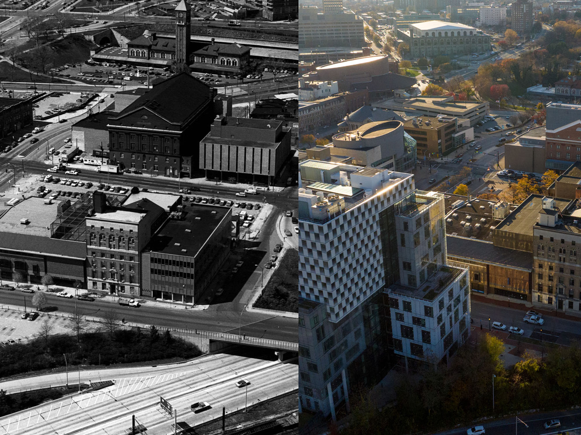 An aerial shot of the campus, half decades ago and half today