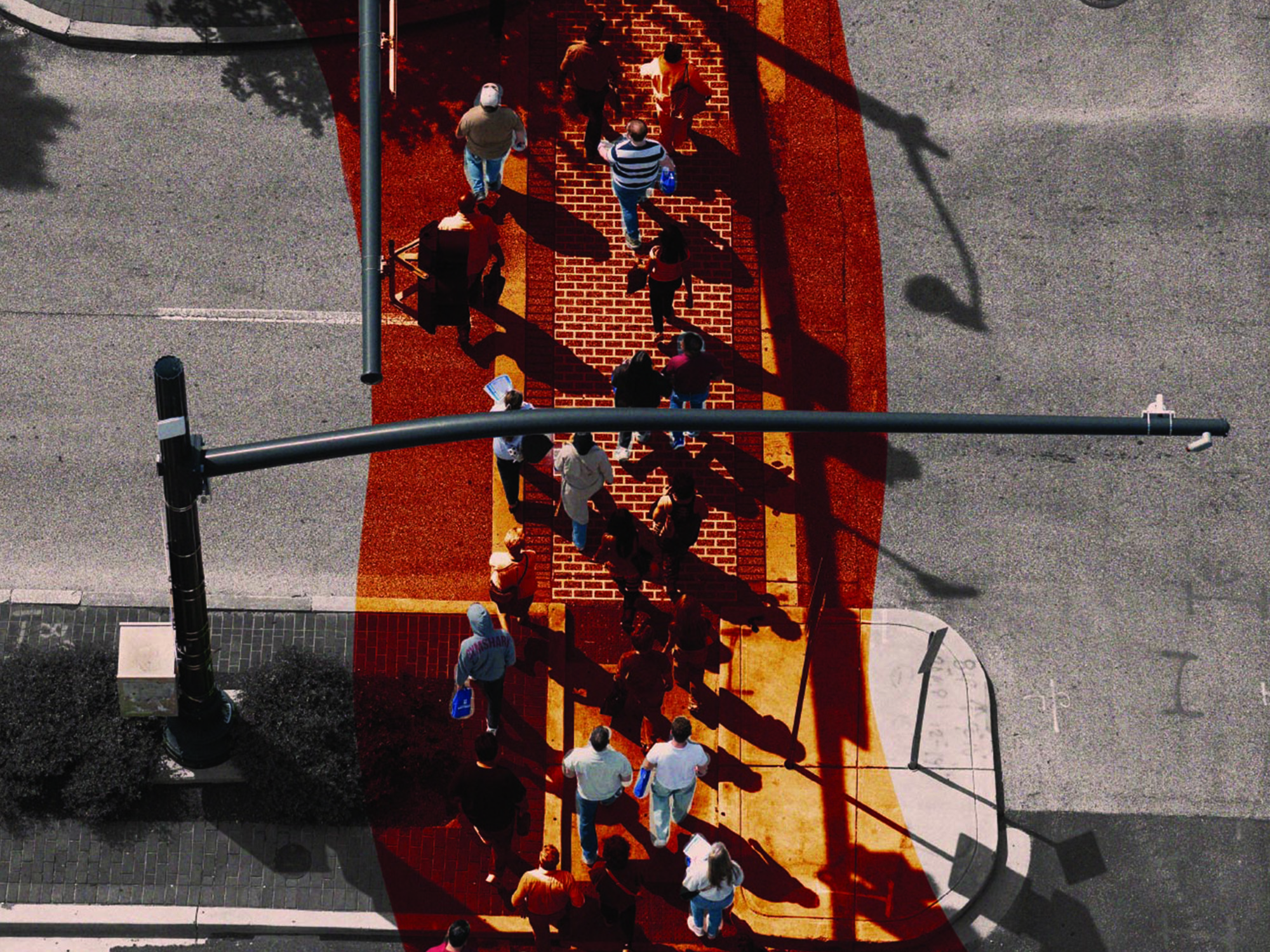 groups of student photographed in a campus crosswalk