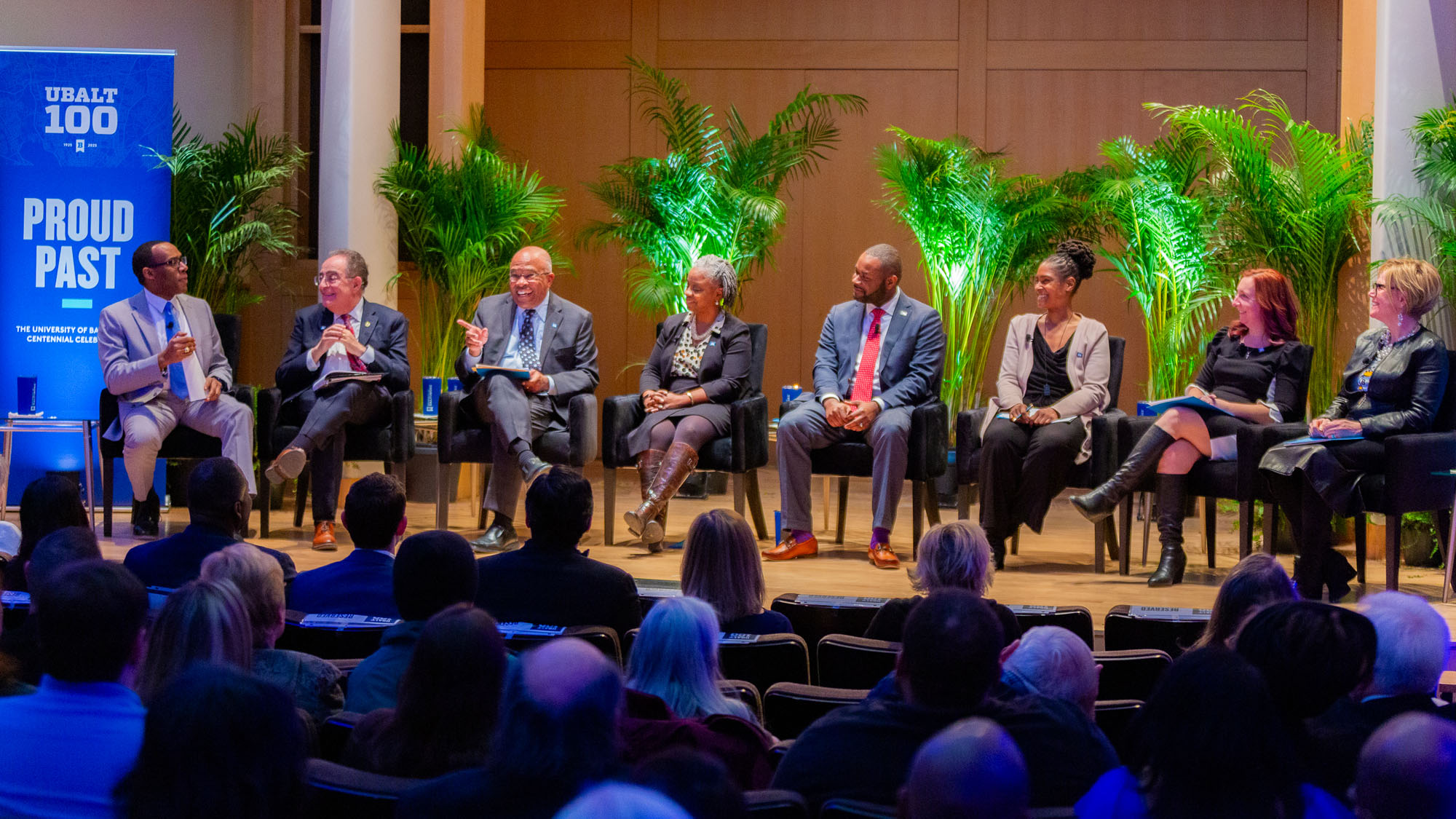 A panel of University and Baltimore community members engage the audience during the Centennial Launch Party.&nbsp;