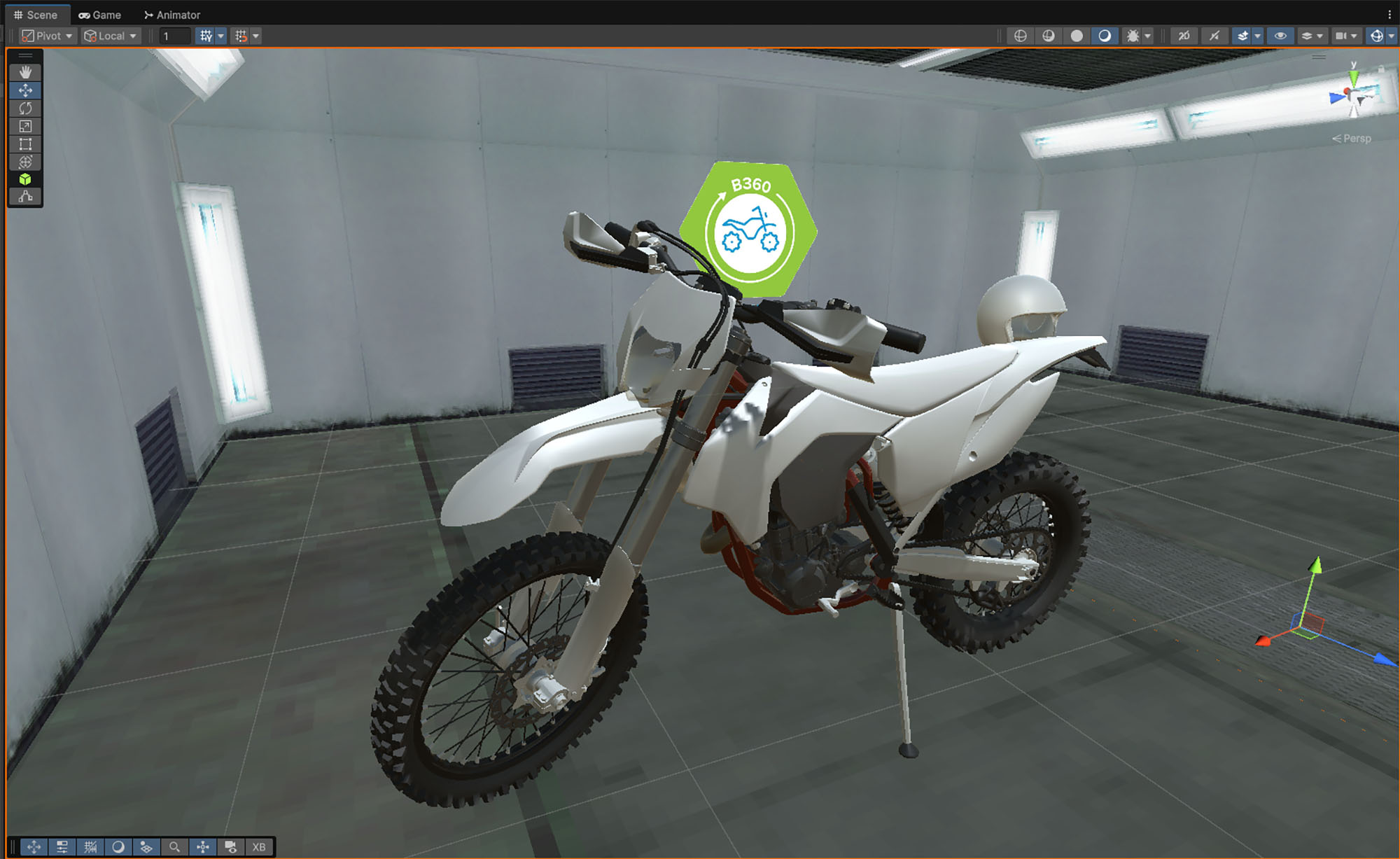 A screenshot of a virtual reality game shows a dirt bike in a garage with the B-360 logo on the wall.