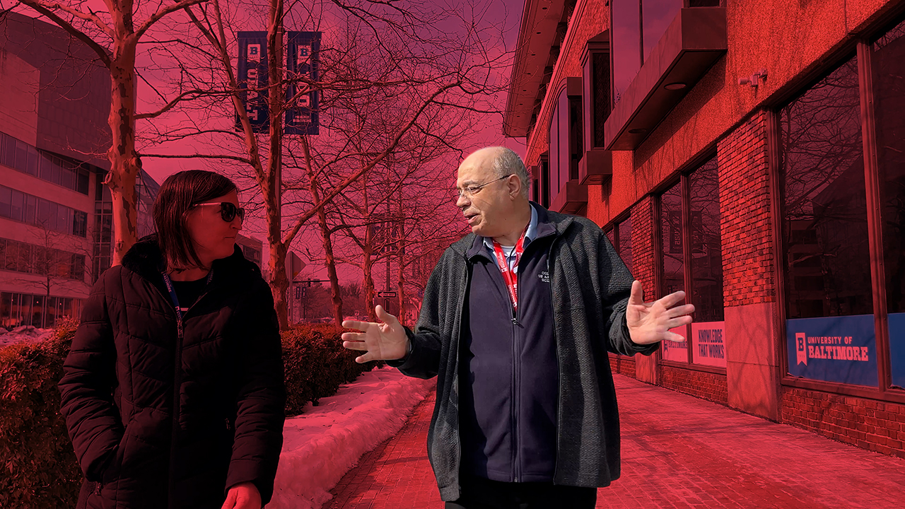 Haitham Alkhateeb is seen cut out and at the center of a colorized image, gesturing with his hands while walking on the campus walkway.