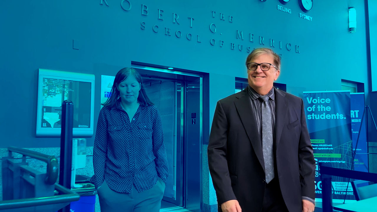 Dan Gerlowski is seen standing out on an otherwise blue-washed photo of him walking through a building. 
