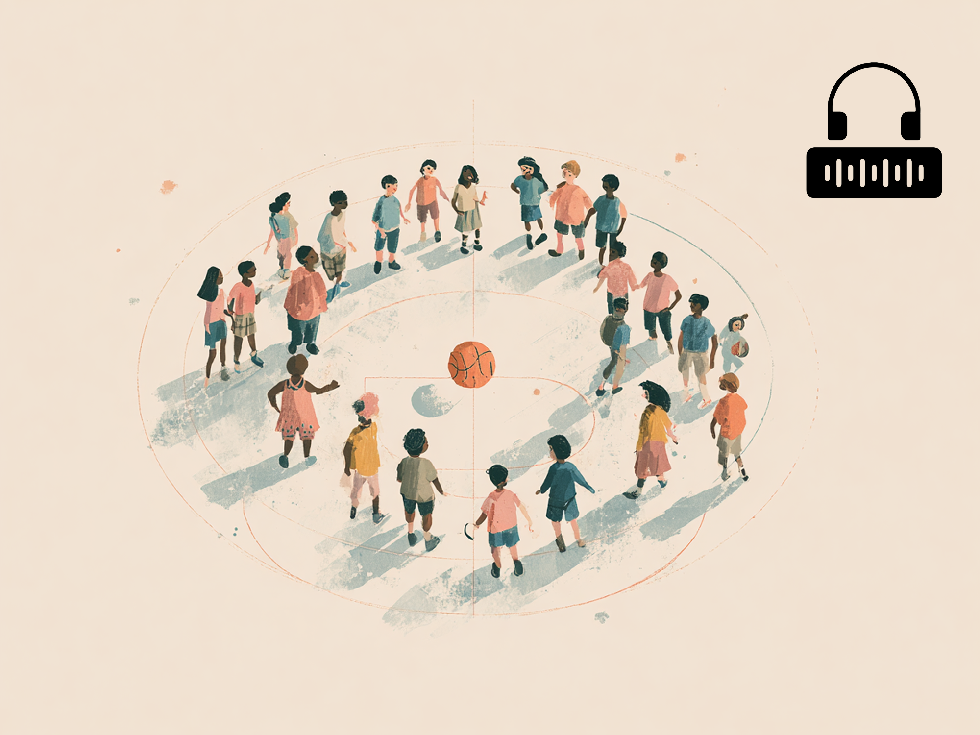 Illustration of a diverse group of children standing in a circle on a basketball court, with a basketball placed at the center. The scene uses soft pastel colors and a minimalist editorial style. A black podcast microphone and headphones icon appears in the upper-right corner, reinforcing the podcast theme.