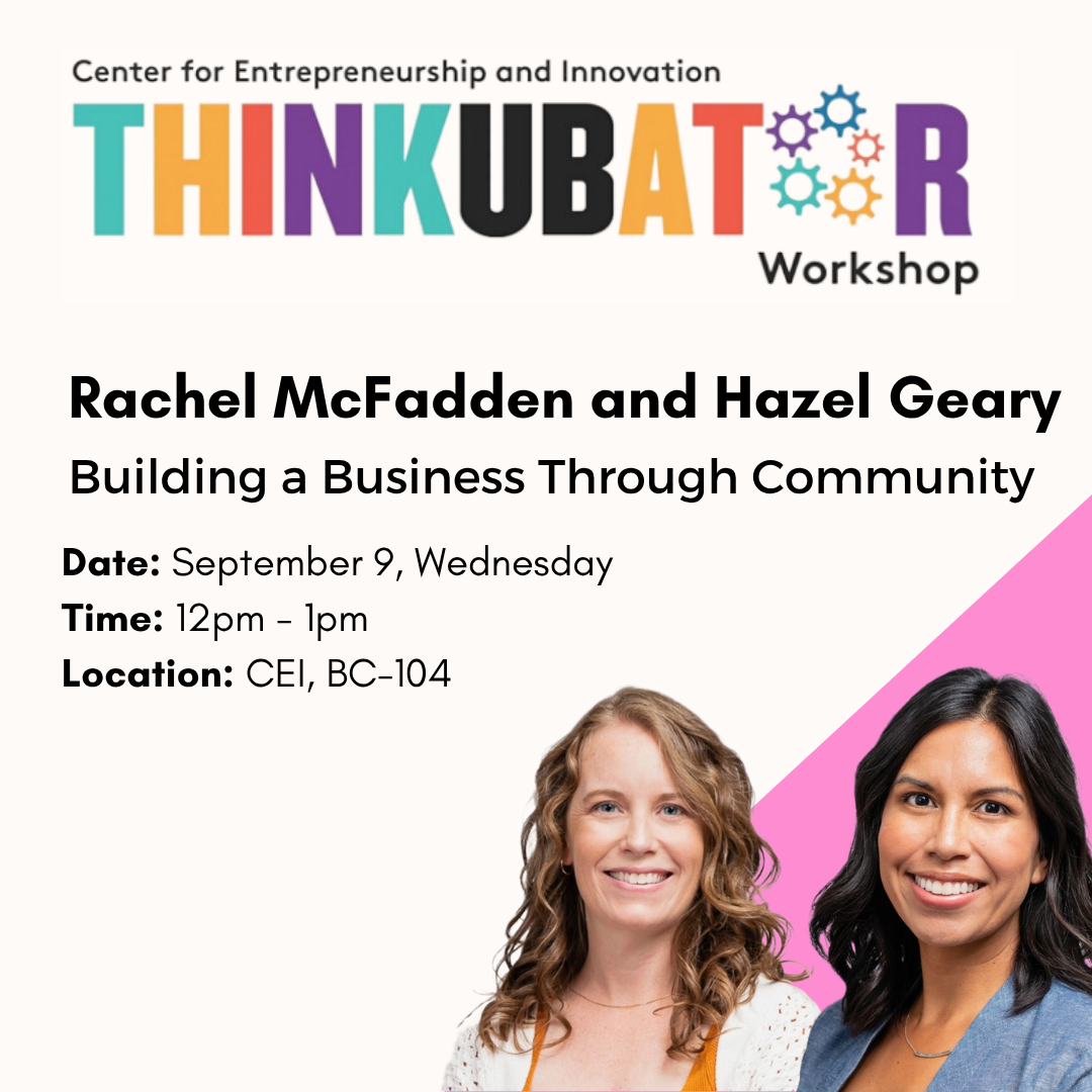 ThinkUBator workshop logo; Rachel McFadden and Hazel Geary headshots; date, time and location of the workshop