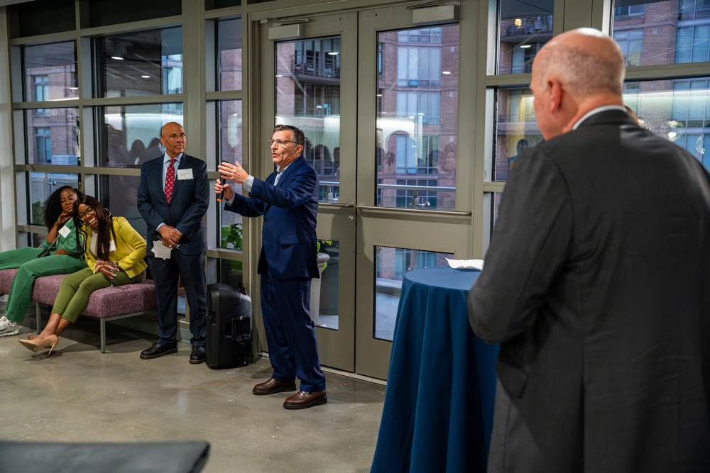 A speaker addresses guests during the Fannie Angelos Program celebration