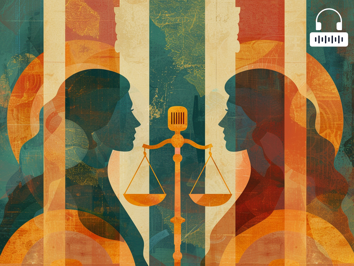 Illustrated graphic showing two women in profile facing each other, separated by vertical bars. A microphone stands in the center above a balanced scale of justice. The design uses warm orange and teal tones, symbolizing law, gender equality, and dialogue, with a small podcast icon in the top right corner.