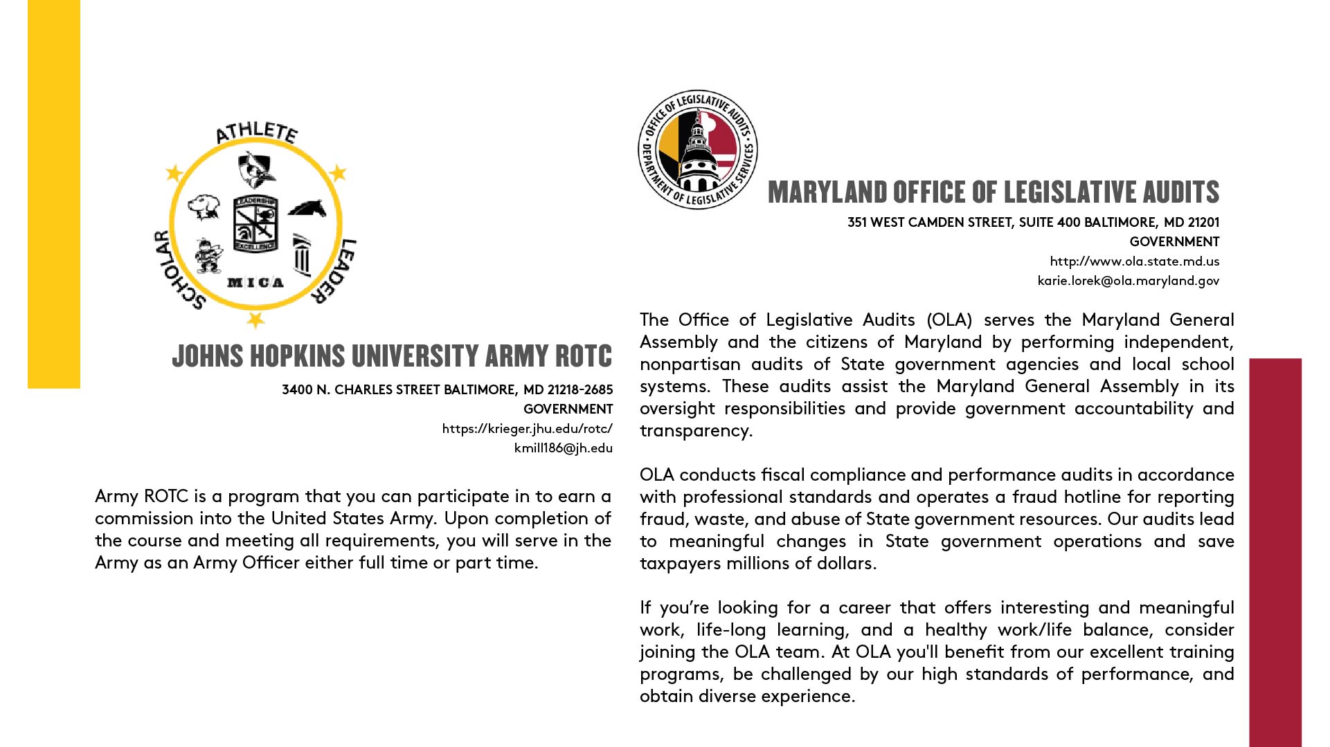 JOHNS HOPKINS UNIVERSITY ARMY ROTC | MARYLAND OFFICE OF LEGISLATIVE AUDITS
