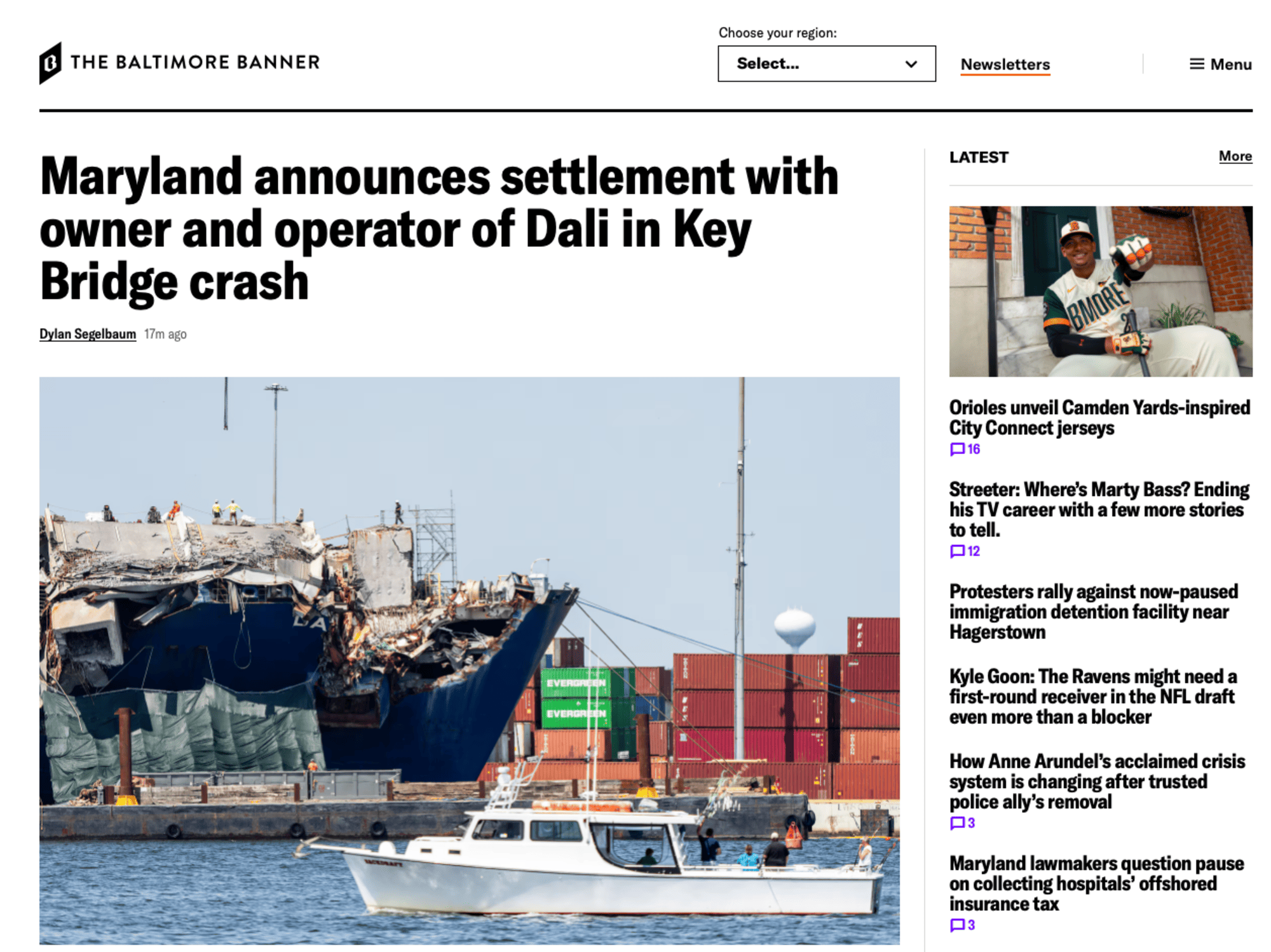 Example of the Baltimore Banner homepage