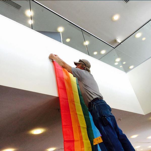 a flag is hung in the student center