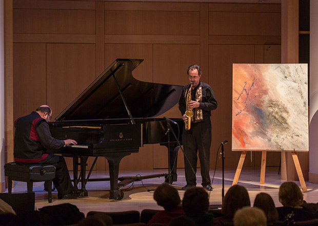 Integration of visual arts and music in the Red Door is Open program with pianist Robert Hitz and faculty member and musician/painter Jeffrey Hoover