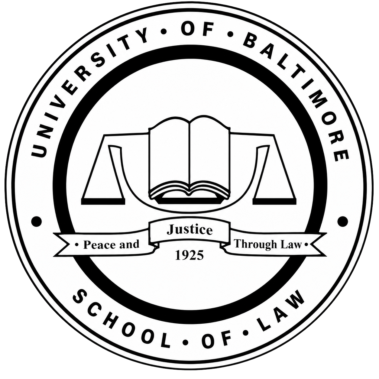 Circular black-and-white seal of the University of Baltimore School of Law featuring an open book balanced on the scales of justice. The outer ring reads "University of Baltimore" and "School of Law," while a banner across the center displays the motto "Peace and Justice Through Law" with the year 1925 below.