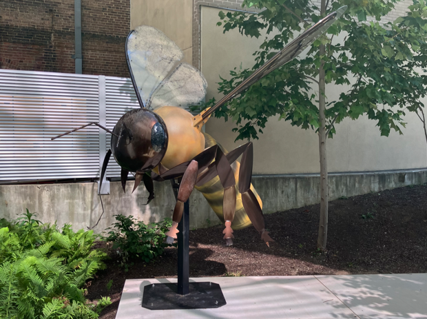 A large, detailed sculpture of a honeybee perched atop a black pedestal. The sculpture is situated outdoors in a courtyard area, surrounded by green ferns and a young tree with bright leaves. In the background, there are brick buildings, and the scene is lit by natural daylight, casting gentle shadows on the concrete ground.
