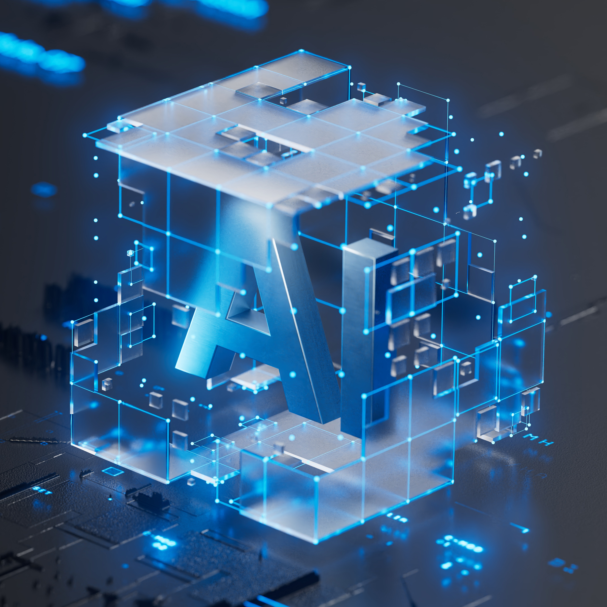 a blue abstract box with the letters A and I