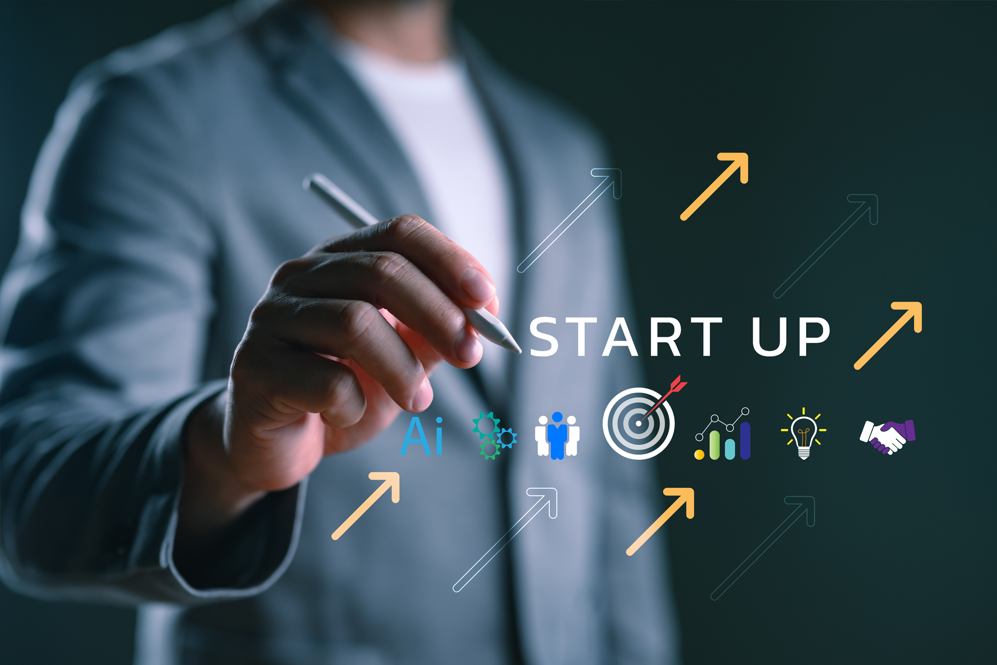 stock image of AI startup and a man writing on a board.