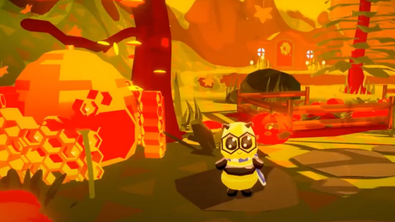 Bumblebee character waits on screen in a cartoonized forest 